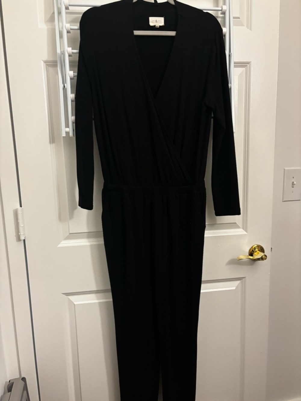 Women's Black Wrap Jersey Jumpsuit - Classic Long Sleeve